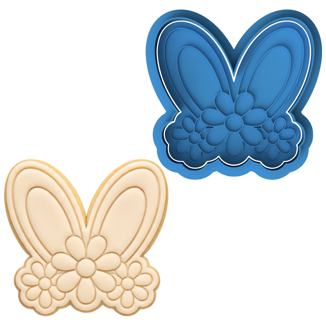 Floral Bunny Ears Cookie Cutter and Embosser Stamp | Easter Rabbit, Spring Flowers, Cute Animal