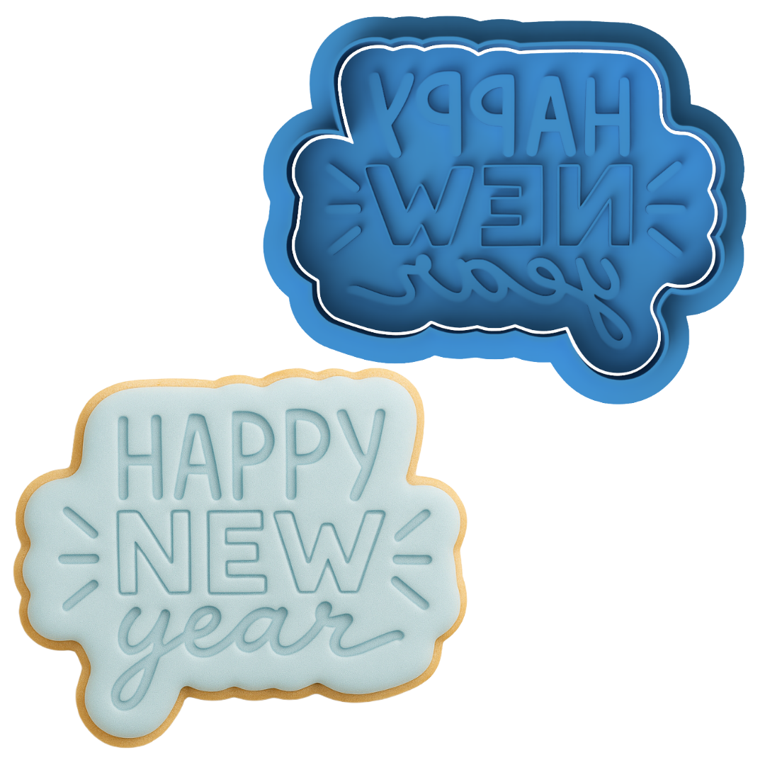 Happy New Year Plaque Cookie Cutter and Embosser Stamp Set | Celebration