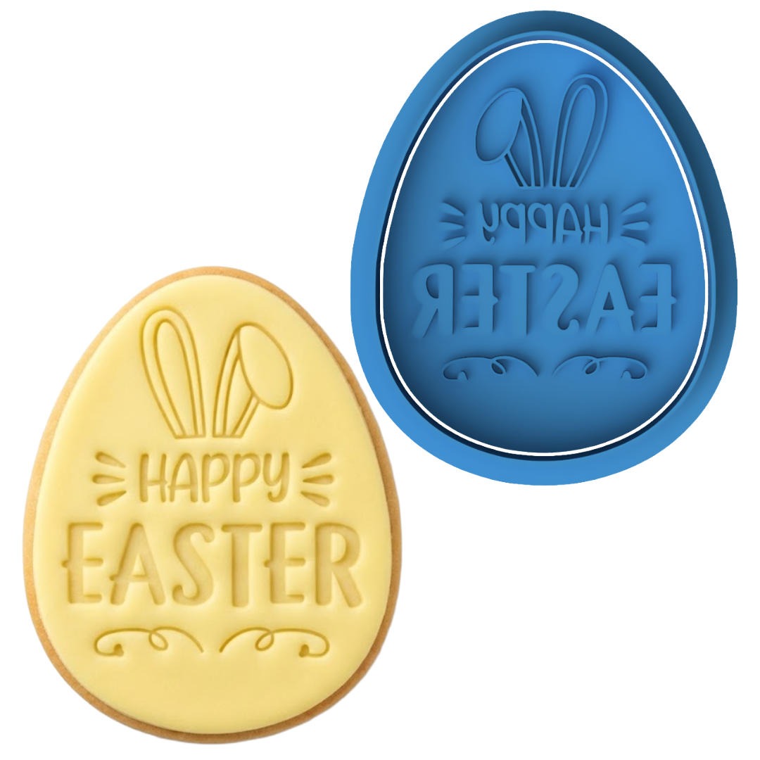 Happy Easter Egg with Bunny Ears Cookie Cutter and Embosser Stamp | Spring Holiday, Cute Rabbit Details