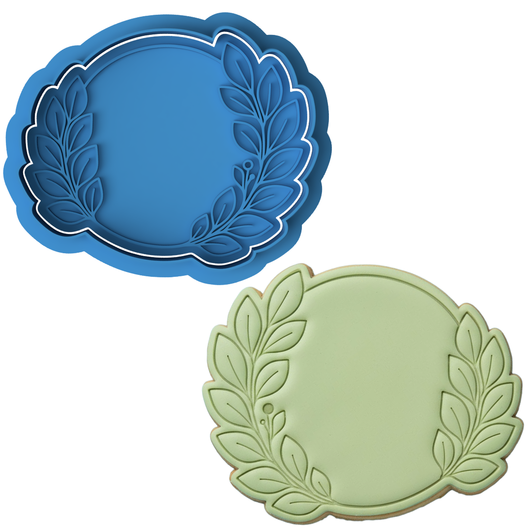 Laurel Wreath Plaque Cookie Cutter and Embosser Stamp Set | Wedding, Celebration, Custom Message