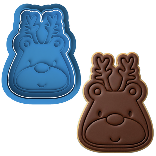 Cute Reindeer Face Cookie Cutter and Embosser | Rudolph Christmas Holiday Baking