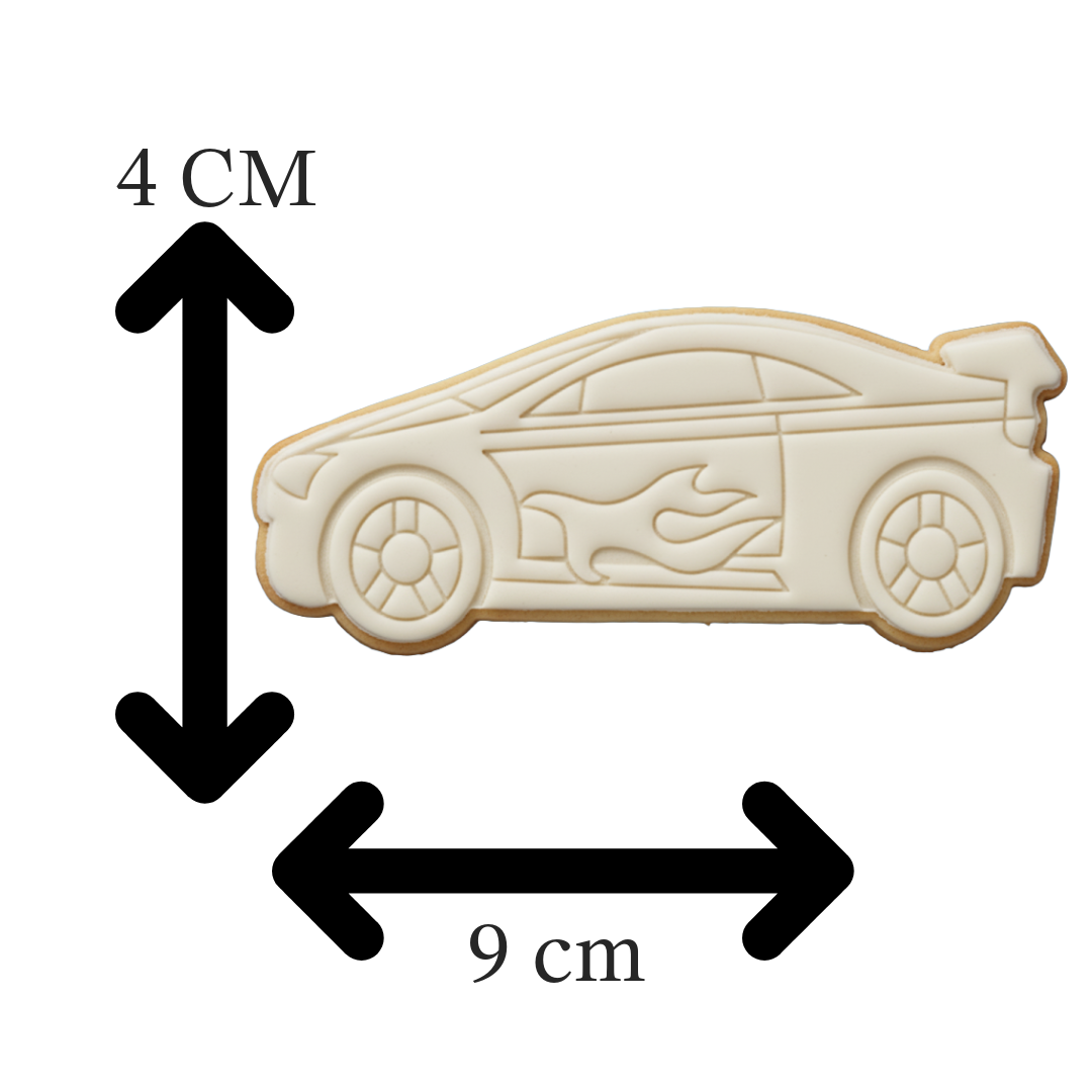 Flame Racing Car Cookie Cutter with Embosser – Sports Car with Flames and Spoiler