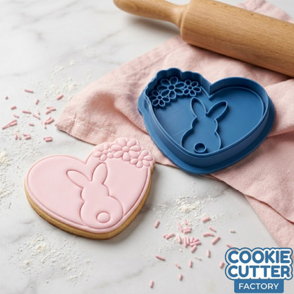 Bunny Heart with Flowers Cookie Cutter and Embosser Stamp | Easter Love, Rabbit Silhouette, Spring Cookie