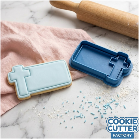 Cross with Name Plaque Cookie Cutter and Embosser Stamp | Personalised Baptism, Communion, Easter Treat