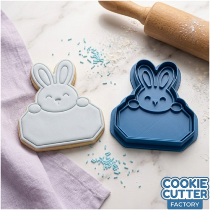 Cute Bunny Holding Blank Sign Cookie Cutter and Embosser Stamp | Personalised Easter Name Plaque, DIY Place Setting