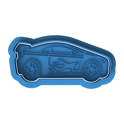 Flame Racing Car Cookie Cutter with Embosser – Sports Car with Flames and Spoiler