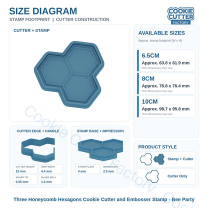 Three Honeycomb Hexagons Cookie Cutter and Embosser Stamp - Bee Party | CCF_APPROVED_MEDIA_V1:3:bbf7a6a039b7a9d722276c7b9909d209d63a459187fe4693a815573433e1bf4b