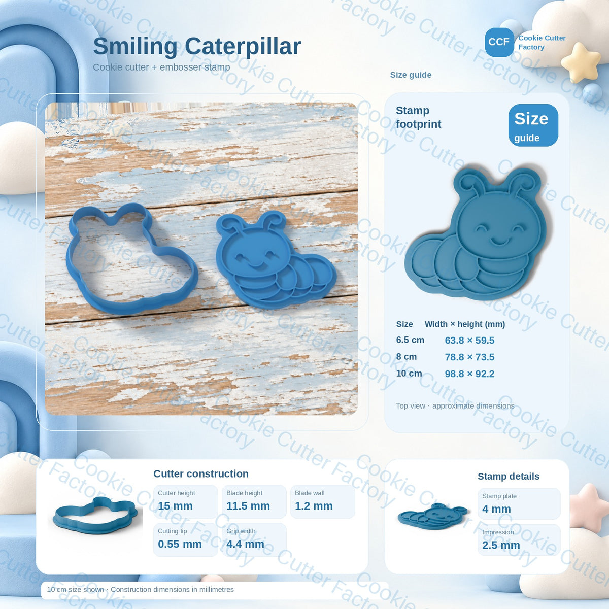 smiling caterpillar with curled antennae Cookie Cutter and Embosser Stamp | CCF_APPROVED_MEDIA_V1:3:4de730c81f08500f6c5b1d18cf82f0a7516f924ed2c85ae2ba5651f37ec372c6