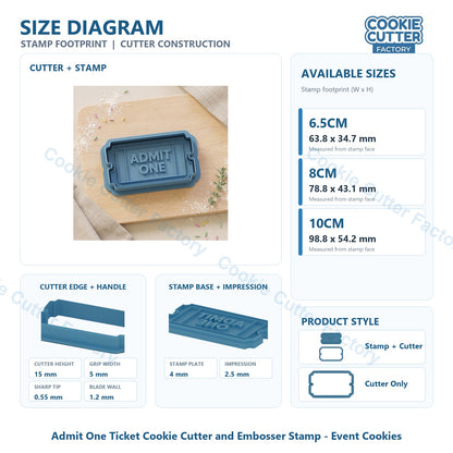 Admit One Ticket Cookie Cutter and Embosser Stamp - Event Cookies