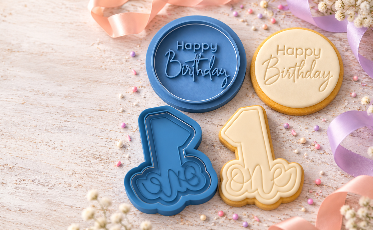 Blue cookie cutters and matching fondant cookies in a birthday scene