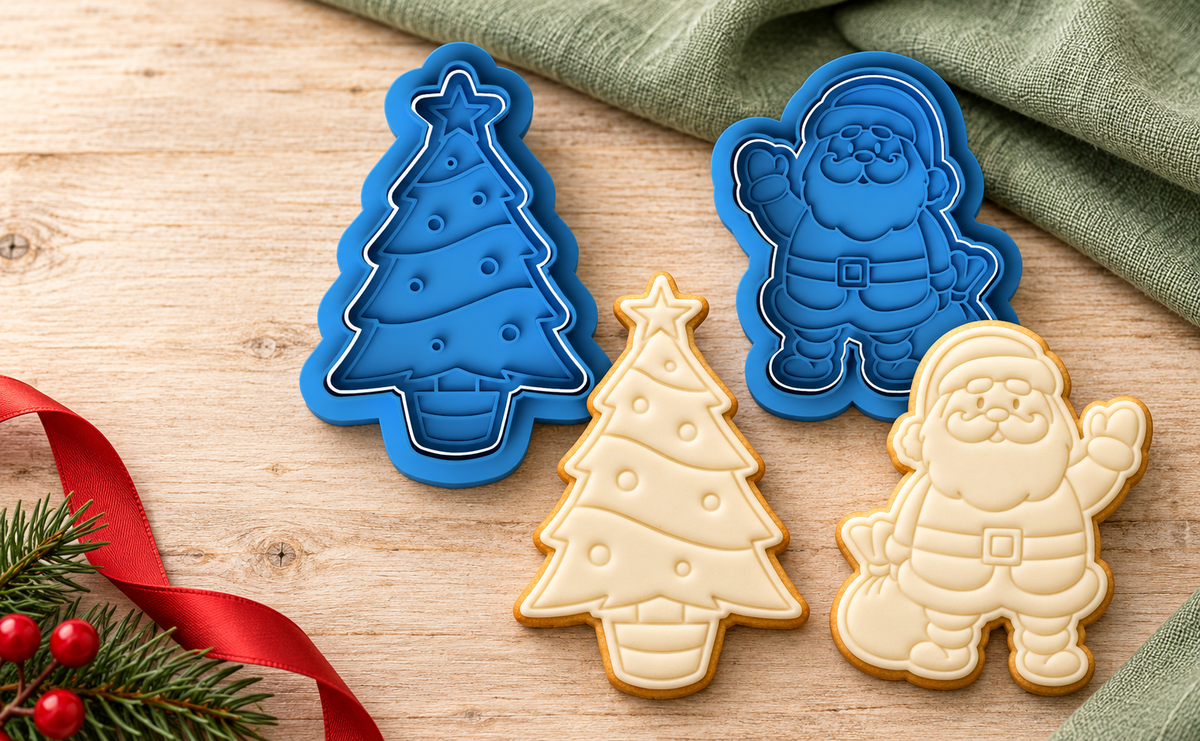 Blue Santa and Christmas tree cookie cutters with matching fondant cookies