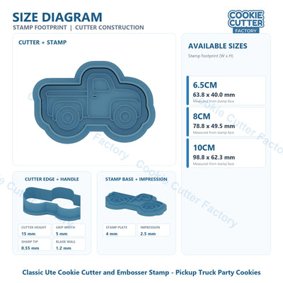 Classic Ute Cookie Cutter and Embosser Stamp - Pickup Truck Party Cookies