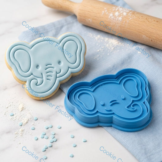 Cute Elephant Face Cookie Cutter and Embosser Stamp - Safari Animal Baking Tool