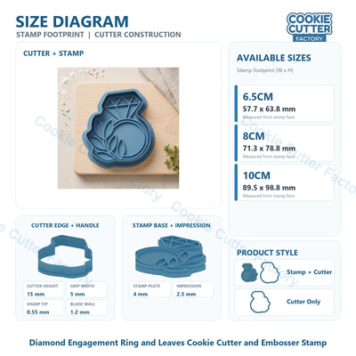 Diamond Engagement Ring and Leaves Cookie Cutter and Embosser Stamp