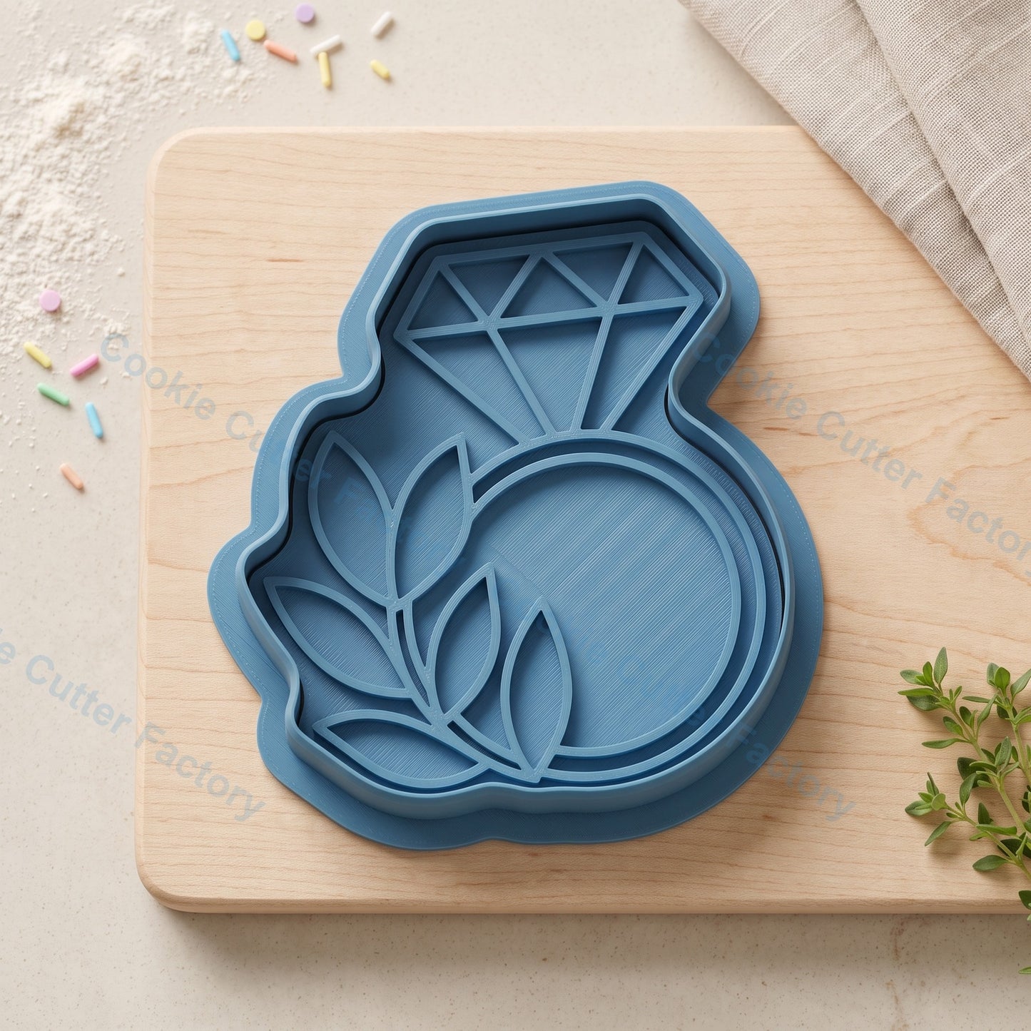 Diamond Engagement Ring and Leaves Cookie Cutter and Embosser Stamp