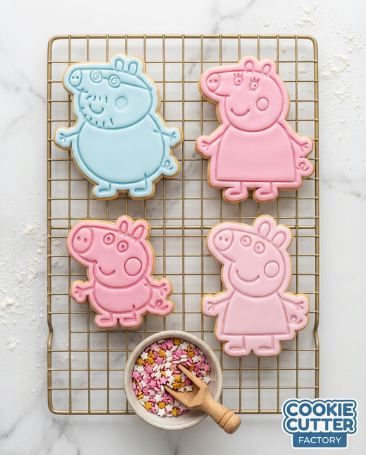 Friendly Pig Family Cookie Cutter and Embosser Set – 4 Piece Cartoon Animal Baking Tools