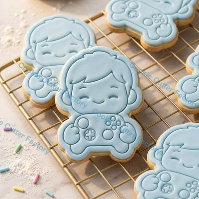 Gamer Boy Holding Game Controller Cookie Cutter and Embosser Stamp - Gaming Party