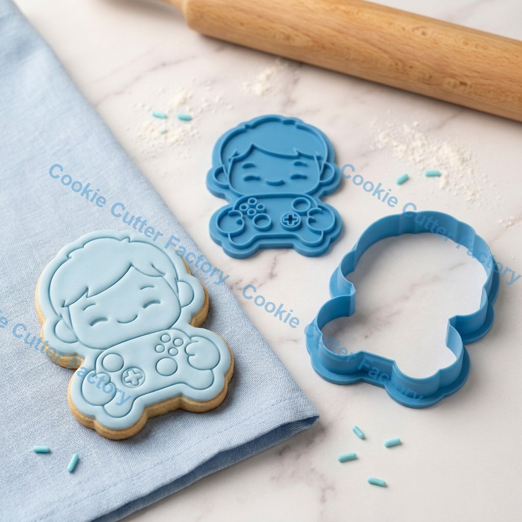 Gamer Boy Holding Game Controller Cookie Cutter and Embosser Stamp - Gaming Party