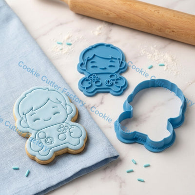 Gamer Boy Holding Game Controller Cookie Cutter and Embosser Stamp - Gaming Party