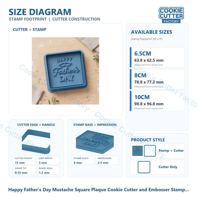 Happy Father's Day Mustache Square Plaque Cookie Cutter and Embosser Stamp - Dad Gift Baking
