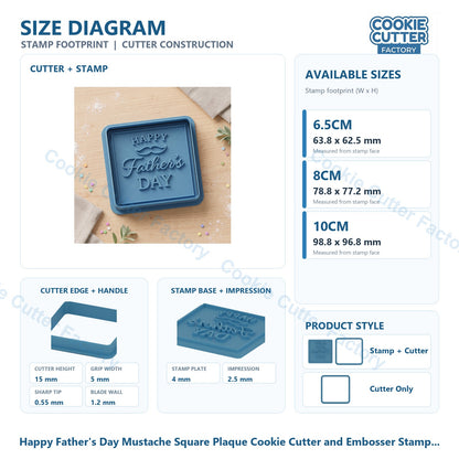 Happy Father's Day Mustache Square Plaque Cookie Cutter and Embosser Stamp - Dad Gift Baking