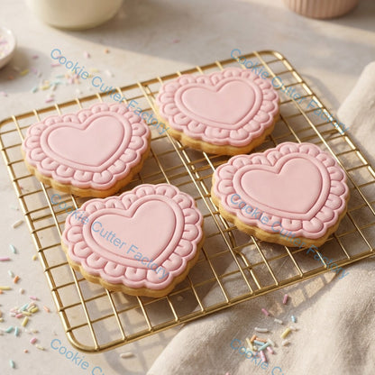 Heart with Petal Border Cookie Cutter and Embosser Stamp - Valentine's Day Baking Tool