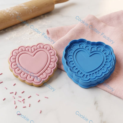 Heart with Petal Border Cookie Cutter and Embosser Stamp - Valentine's Day Baking Tool