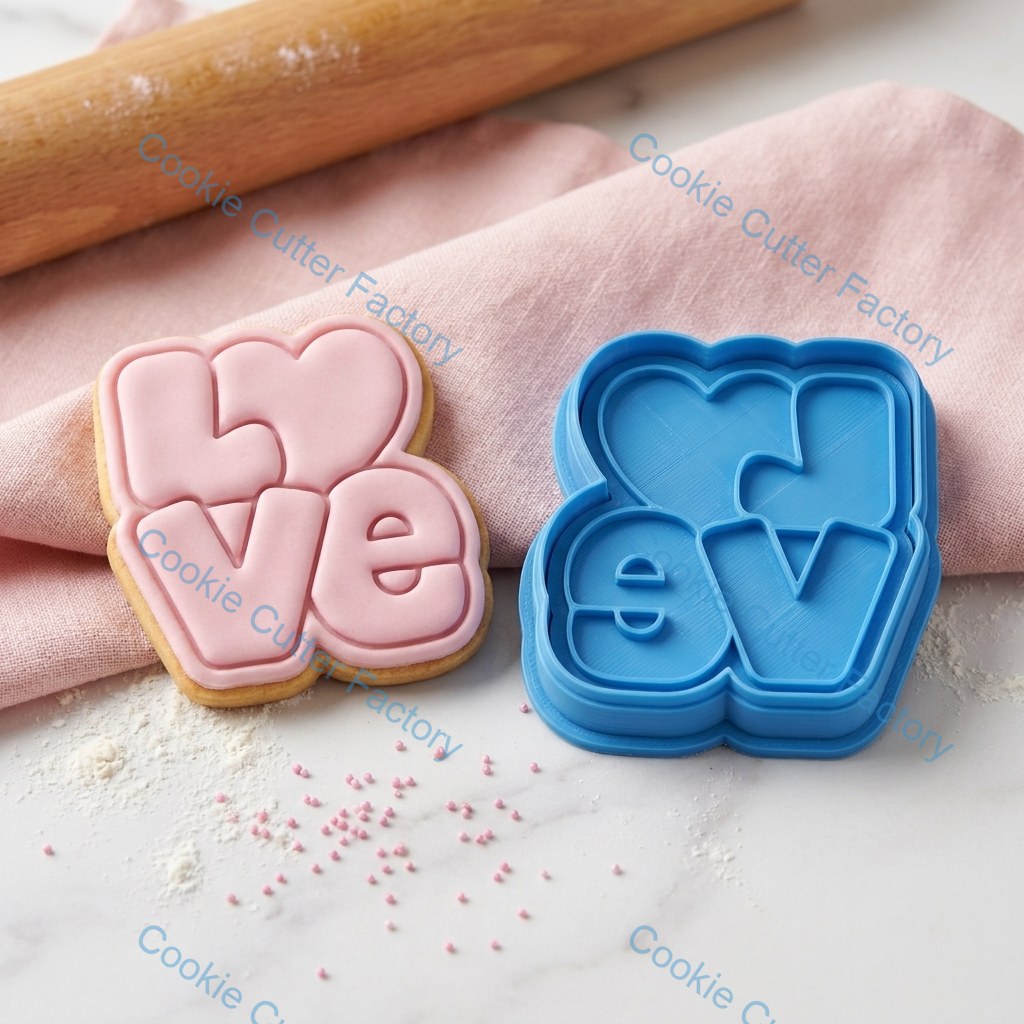 Love Heart Text Cookie Cutter and Embosser Stamp - Valentine's Romance Baking Tool