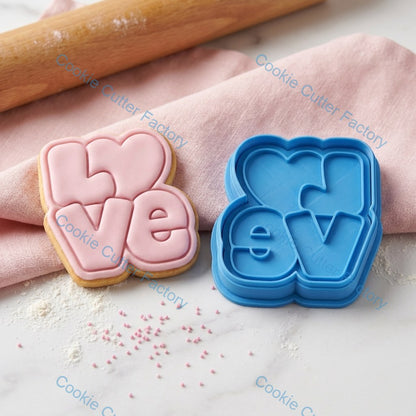 Love Heart Text Cookie Cutter and Embosser Stamp - Valentine's Romance Baking Tool