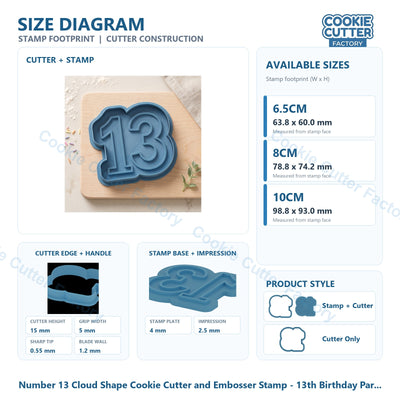Number 13 Cloud Shape Cookie Cutter and Embosser Stamp - 13th Birthday Party Cookies