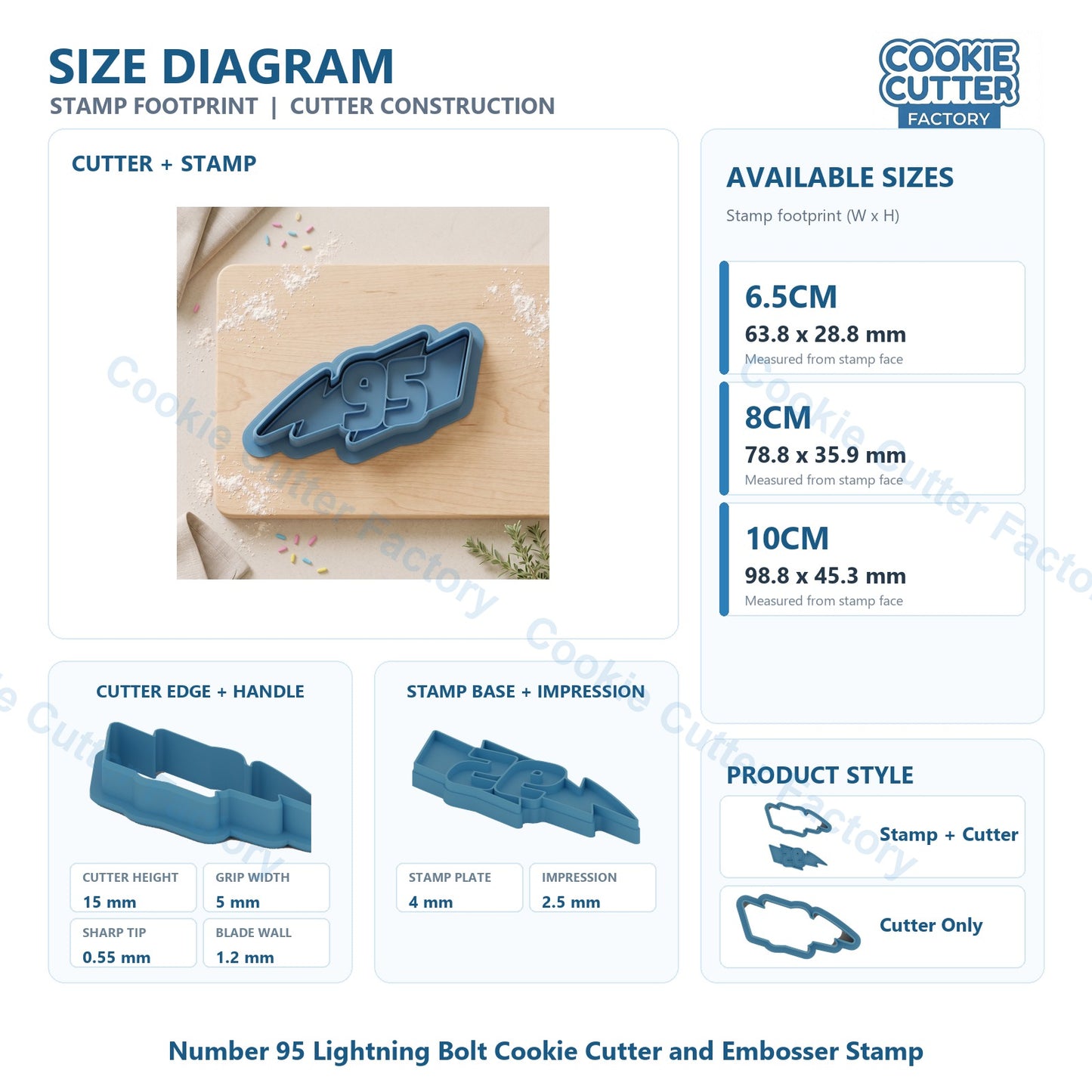 Number 95 Lightning Bolt Cookie Cutter and Embosser Stamp
