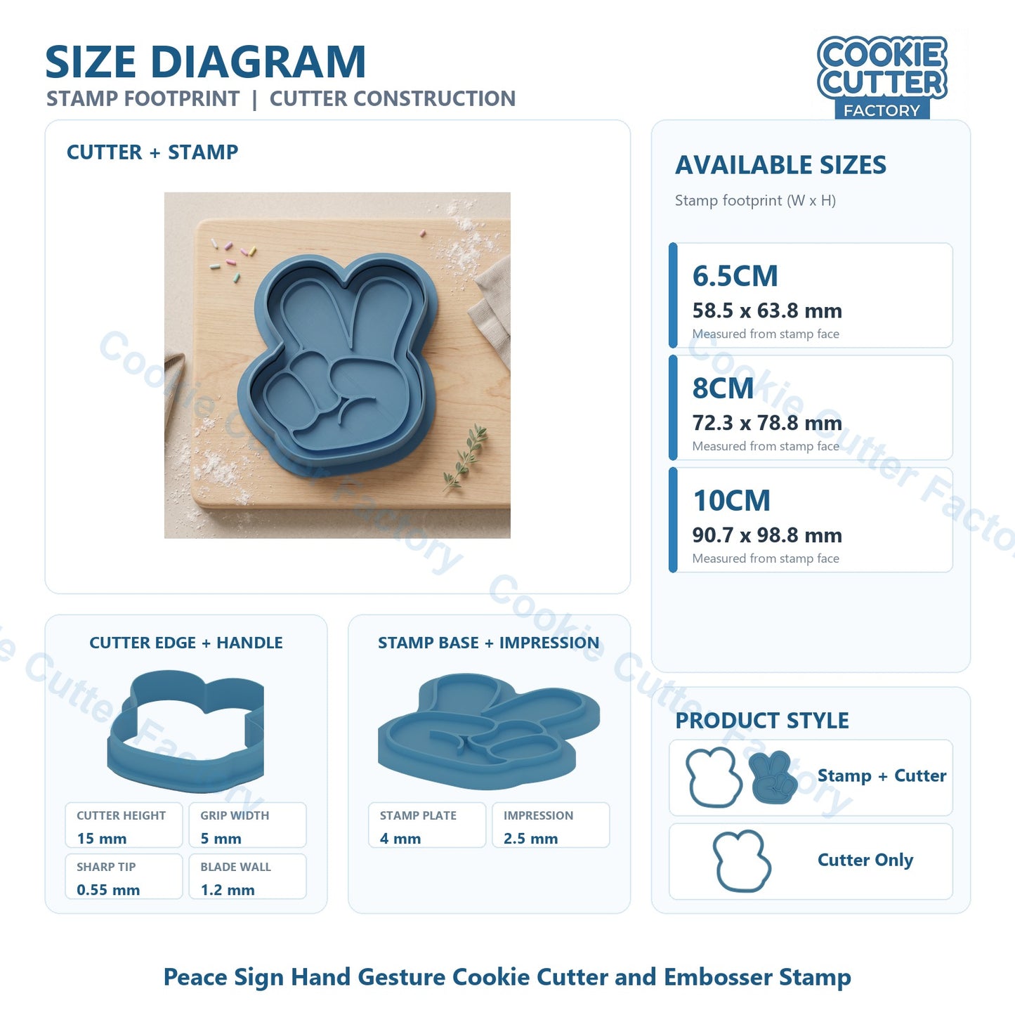 Peace Sign Hand Gesture Cookie Cutter and Embosser Stamp