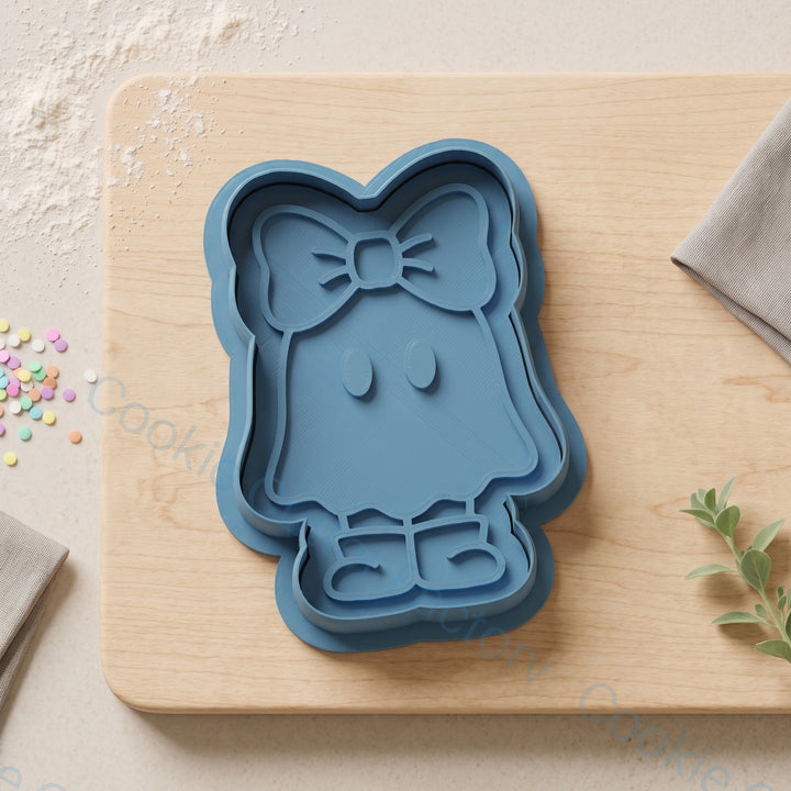 Cute Ghost with Bow Cookie Cutter and Embosser Stamp - Halloween Cookies