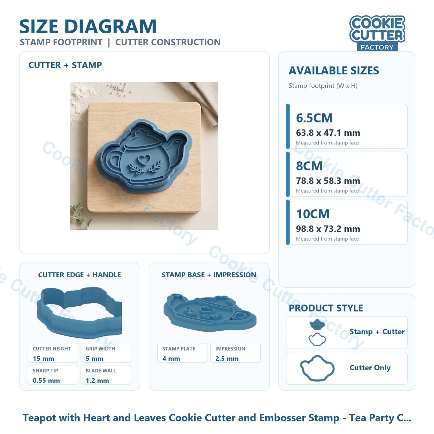 Teapot with Heart and Leaves Cookie Cutter and Embosser Stamp - Tea Party Cookies
