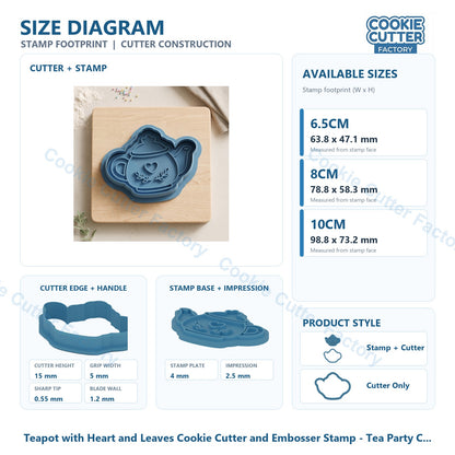 Teapot with Heart and Leaves Cookie Cutter and Embosser Stamp - Tea Party Cookies