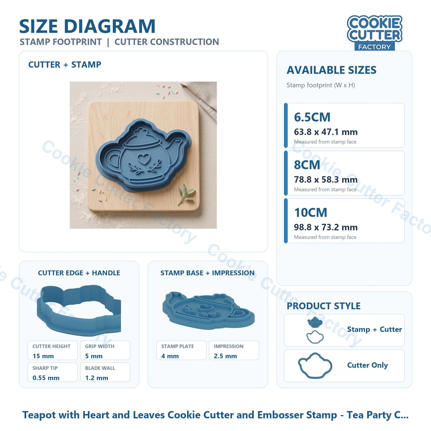 Teapot with Heart and Leaves Cookie Cutter and Embosser Stamp - Tea Party Cookies
