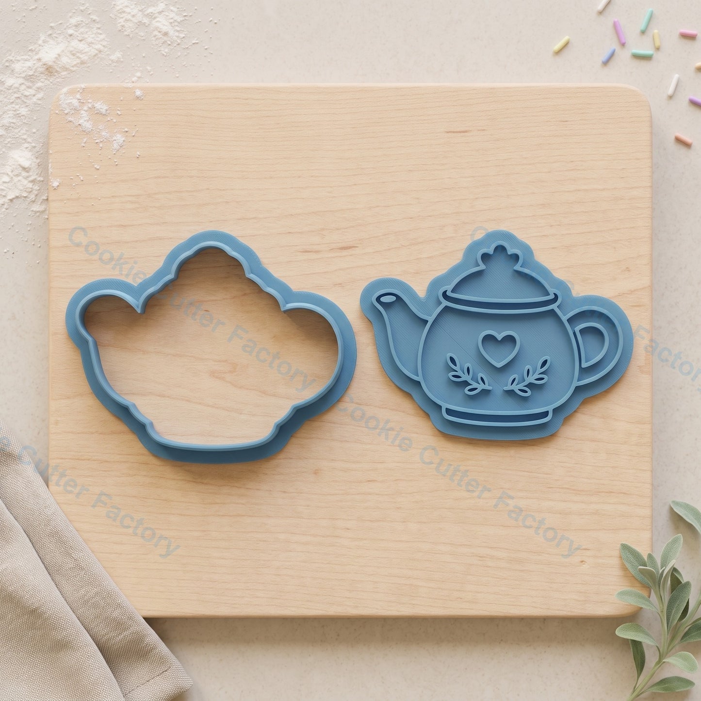 Teapot with Heart and Leaves Cookie Cutter and Embosser Stamp - Tea Party Cookies