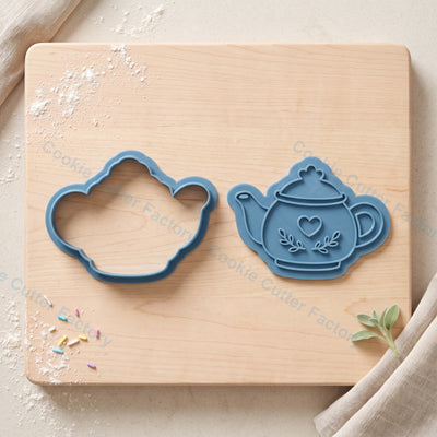 Teapot with Heart and Leaves Cookie Cutter and Embosser Stamp - Tea Party Cookies