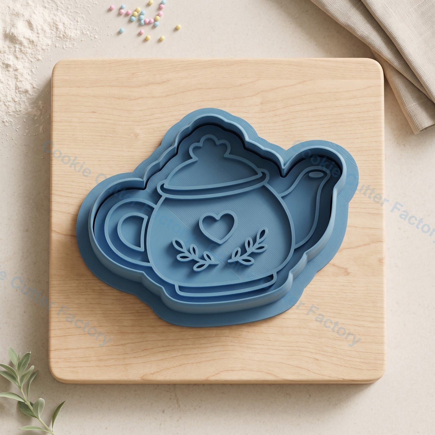 Teapot with Heart and Leaves Cookie Cutter and Embosser Stamp - Tea Party Cookies