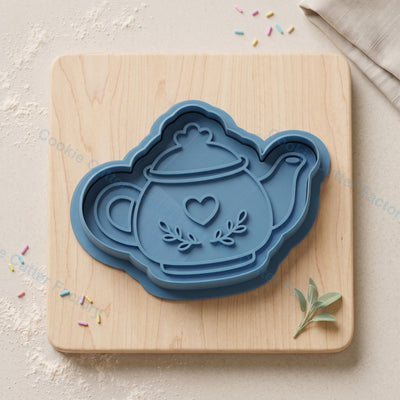 Teapot with Heart and Leaves Cookie Cutter and Embosser Stamp - Tea Party Cookies
