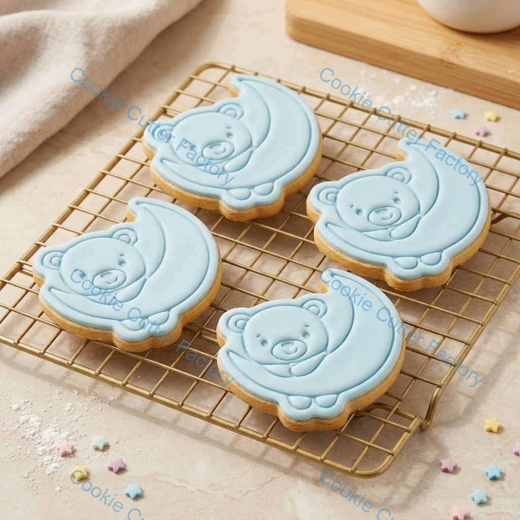 Teddy Bear on Crescent Moon Cookie Cutter and Embosser Stamp - Baby Nursery Baking Tool