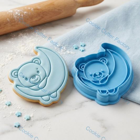 Teddy Bear on Crescent Moon Cookie Cutter and Embosser Stamp - Baby Nursery Baking Tool