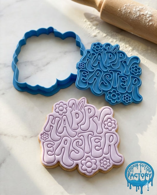 Groovy Happy Easter Cookie Cutter and Embosser Stamp - Retro Holiday Baking