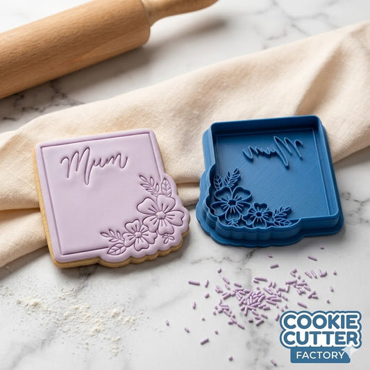 Mum Floral Square Frame Cookie Cutter and Embosser Set