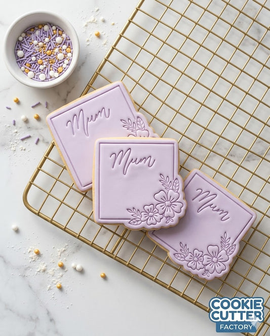 Mum Floral Square Frame Cookie Cutter and Embosser Set