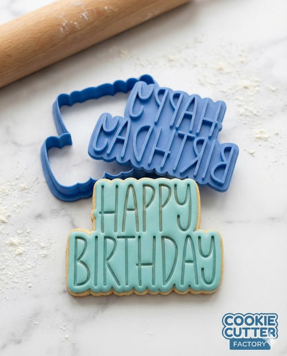 Happy Birthday Cookie Cutter and Embosser Set | Tall Skinny Font Birthday Stamp for Fondant and Cookies