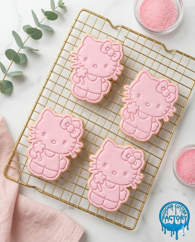 Cute Kitty Holding Flower Cookie Cutter and Embosser Stamp | Cartoon Cat, Kawaii