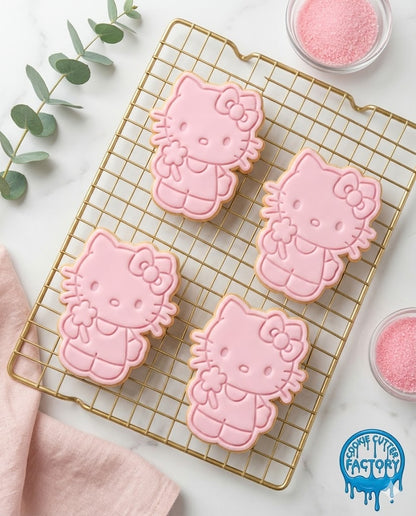 Cute Kitty Holding Flower Cookie Cutter and Embosser Stamp | Cartoon Cat, Kawaii
