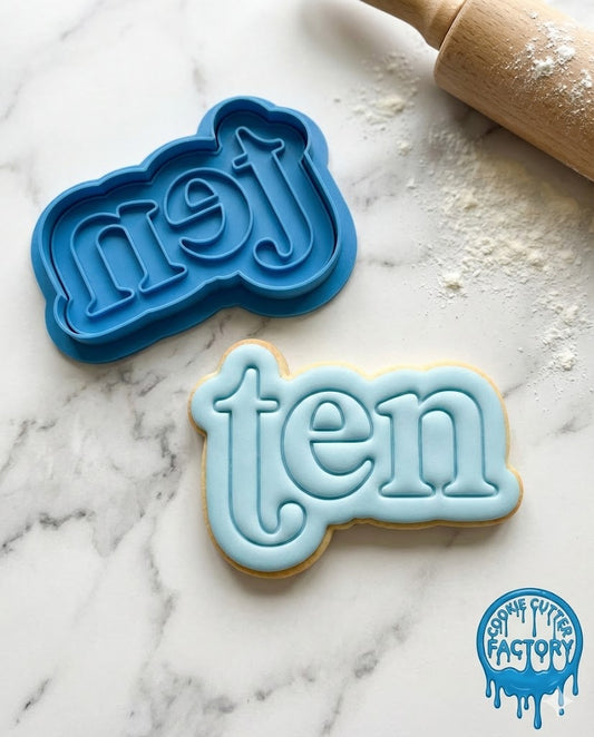 Retro Word Ten Cookie Cutter and Embosser | 10th Birthday Party Decorating Tool
