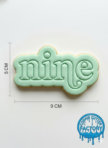Retro Word Nine Cookie Cutter and Embosser | 9th Birthday Party Decorating Tool